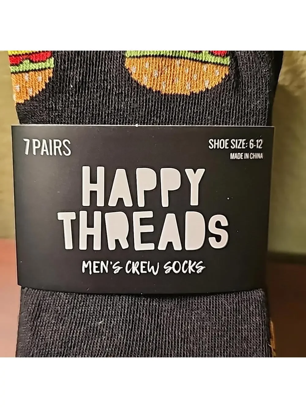 Happy threads men's fun food crew socks.  7 pair.  4 printed, 3 plain